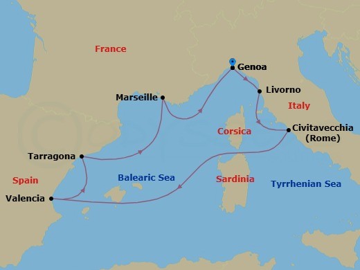 Route map: Genoa (Portofino) Italy → Livorno (Florence) Italy → Civitavecchia (Rome) Italy → Valencia Spain → Tarragona Spain → Marseille (Provence) France → Genoa (Portofino) Italy