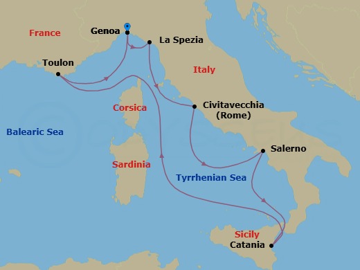 Route map: Genova (Portofino) → La Spezia (Florence) → Civitavecchia (Rome) → Salerno (Amalfi Coast) → Catania → La Seyne(StTropez) → Genova (Portofino)