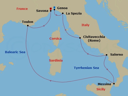 Route map: Genova (Portofino) → La Spezia (Florence) → Civitavecchia (Rome) → Salerno (Amalfi Coast) → Messina (Taormina) → La Seyne(StTropez) → Savona