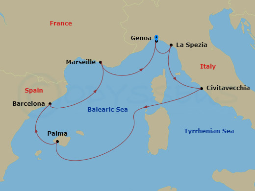 Route map: Genoa (Portofino) Italy → La Spezia (Cinque Terre) Italy → Civitavecchia (Rome) Italy → Palma de Mallorca (Baleari Is.) Spain → Barcelona Spain → Marseille (Provence) France → Genoa (Portofino) Italy