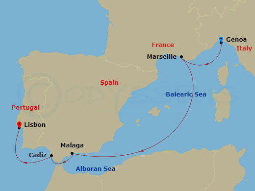 Route map: Genoa (Portofino) Italy → Marseille (Provence) France → Malaga (Granada) Spain → Cadiz (Seville) Spain → Lisbon (Cascais) Portugal