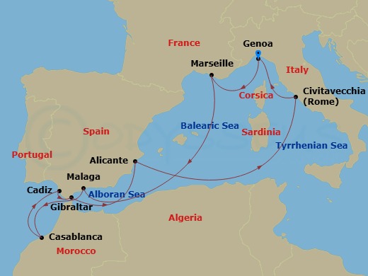 Route map: Genoa (Portofino) Italy → Marseille (Provence) France → Malaga (Granada) Spain → Casablanca (Marrakech) Morocco → Cadiz (Seville) Spain → Gibraltar Gibraltar → Alicante Spain → Civitavecchia (Rome) Italy → Genoa (Portofino) Italy