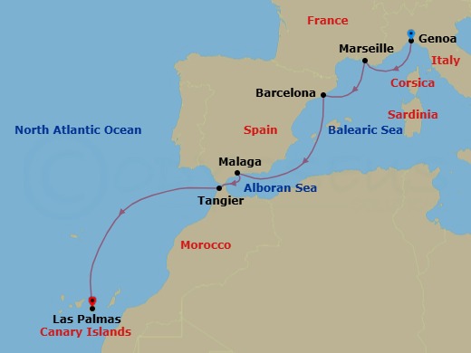 Route map: Genova (Portofino) → Marseille → Barcelona → Malaga → Tangier → Las Palmas (Gran Canaria)