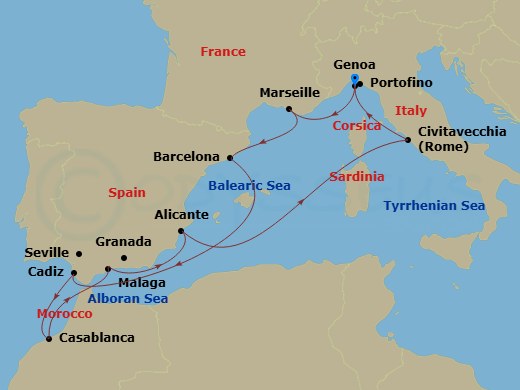 Route map: Genoa (Portofino) Italy → Marseille (Provence) France → Barcelona Spain → Cadiz (Seville) Spain → Casablanca (Marrakech) Morocco → Malaga (Granada) Spain → Alicante Spain → Civitavecchia (Rome) Italy → Genoa (Portofino) Italy