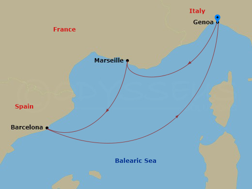 Route map: Genova (Portofino) → Marseille → Barcelona → Genova (Portofino)