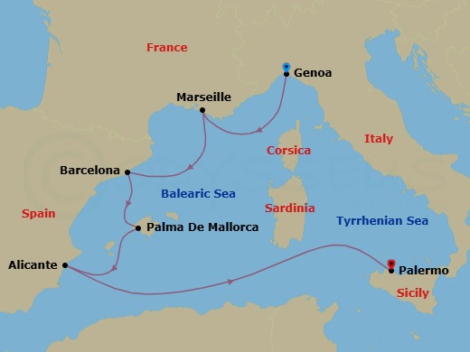Route map: Genoa | Portofino → Marseilles (France) → Barcelona (Spain) → Balearic Sea Darkest Spot → Palma De Mallorca (Spain) → Alicante (Spain) → Palermo (Sicily)