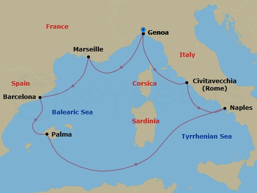 Route map: Genoa → Marseille → Barcelona → Palma De Mallorca → Naples → Rome (Civitavecchia) → Genoa