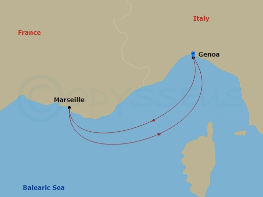 Route map: Genoa (Portofino) Italy → Barcelona Spain → Marseille (Provence) France → Genoa (Portofino) Italy