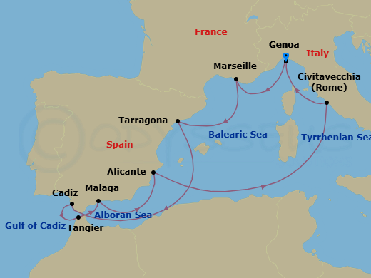 Route map: Genoa (Portofino) Italy → Marseille (Provence) France → Tarragona Spain → Cadiz (Seville) Spain → Tangier (Tetouan) Morocco → Malaga (Granada) Spain → Alicante Spain → Civitavecchia (Rome) Italy → Genoa (Portofino) Italy