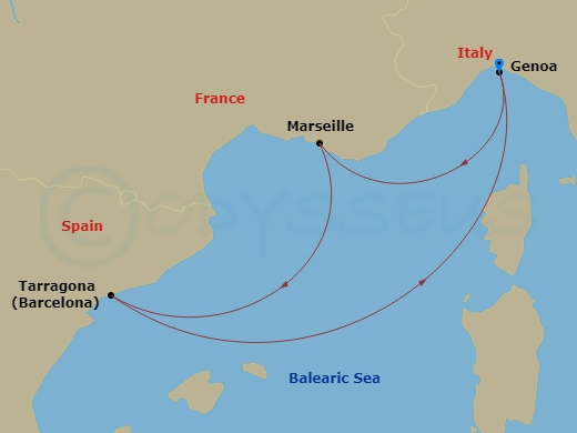 Route map: Genoa (Portofino) Italy → Marseille (Provence) France → Tarragona Spain → Genoa (Portofino) Italy