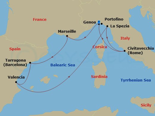 Route map: Genoa (Portofino) Italy → Marseille (Provence) France → Tarragona Spain → Valencia Spain → La Spezia (Cinque Terre) Italy → Civitavecchia (Rome) Italy → Genoa (Portofino) Italy