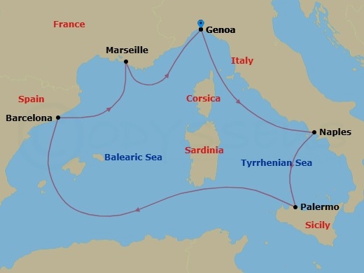 Route map: Genoa (Portofino) Italy → Naples (Pompeii) Italy → Palermo (Monreale) Italy → Barcelona Spain → Marseille (Provence) France → Genoa (Portofino) Italy