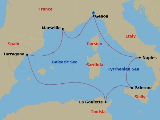Route map: Genoa (Portofino) Italy → Naples (Pompeii) Italy → Palermo (Monreale) Italy → La Goulette Tunisia → Tarragona Spain → Marseille (Provence) France → Genoa (Portofino) Italy