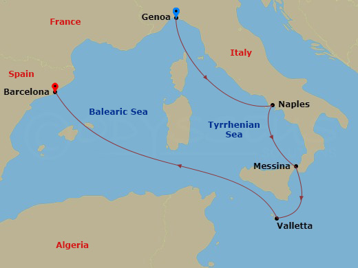 Route map: Genoa (Portofino) Italy → Naples (Pompeii) Italy → Messina (Taormina) Italy → La Valletta Malta → Barcelona Spain