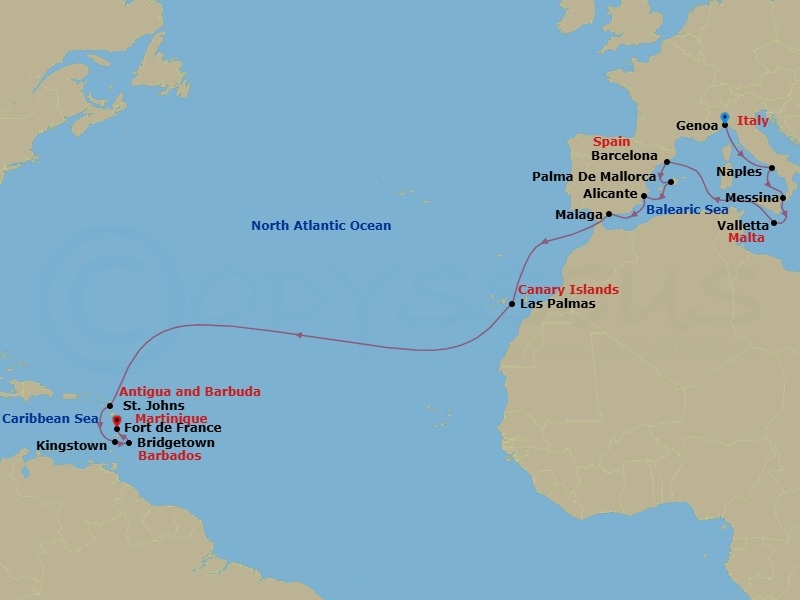 Route map: Genoa → Naples → Messina → Valletta → Barcelona → Palma De Mallorca → Alicante → Malaga → Las Palmas → St. Johns