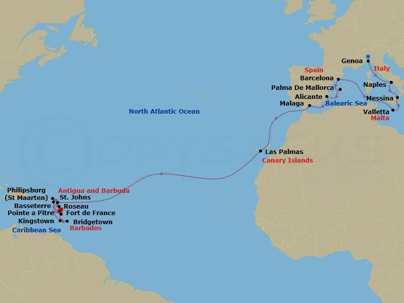 Route map: Genoa → Naples → Messina → Valletta → Barcelona → Palma De Mallorca → Alicante → Malaga → Las Palmas → St. Johns