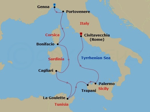 Route map: Genoa, Italy → Portovenere, Italy → Bonifacio (Corsica), France → Cagliari, Sardinia, Italy → La Goulette (Tunis), Tunisia → Trapani, Italy → Palermo, Sicily, Italy → Civitavecchia (Rome), Italy