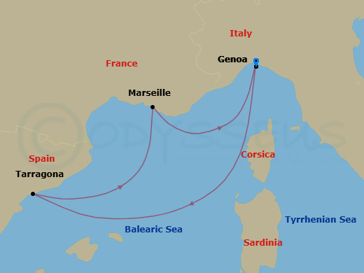 Route map: Genoa (Portofino) Italy → Tarragona Spain → Marseille (Provence) France → Genoa (Portofino) Italy