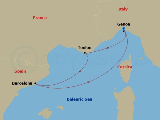 Route map: Genova (Portofino) → La Seyne(StTropez) → Barcelona → Genova (Portofino)