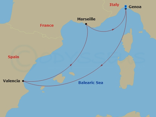 Route map: Genoa (Portofino) Italy → Valencia Spain → Marseille (Provence) France → Genoa (Portofino) Italy