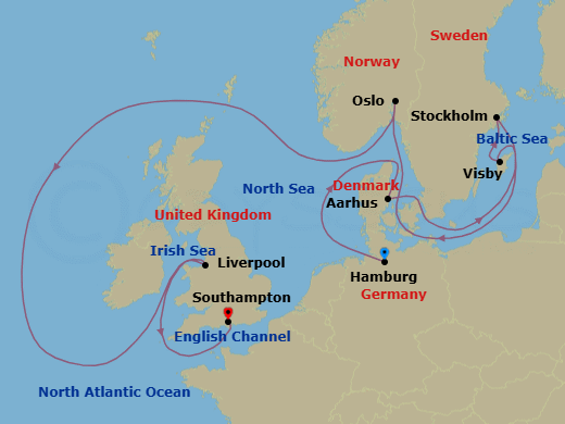 Route map: Hamburg, Germany → Aarhus, Denmark → Visby, Sweden → Stockholm, Sweden → Oslo, Norway → Liverpool, England, UK → Southampton, England, UK