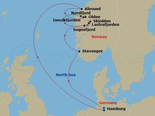 Route map: Hamburg, Germany → Alesund, Norway → Olden, Norway → Skjolden, Norway → Stavanger, Norway → Hamburg, Germany