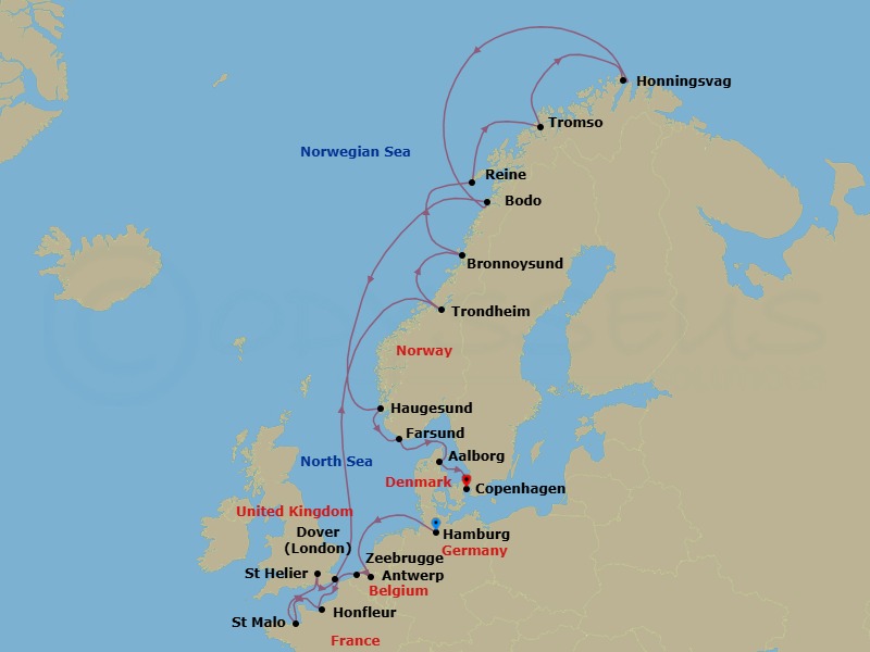 Route map: Hamburg, Germany → Antwerp, Belgium → Zeebrugge (Brussels), Belgium → Honfleur, France → St Malo (Le Mont Saint Michel), France → Saint Helier, Jersey → Dover (London), England, UK → Trondheim, Norway → Bronnoysund, Norway → Reine, Norway