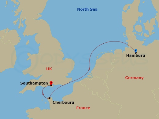 Route map: Hamburg, Germany → Cherbourg, France → Southampton, England, UK