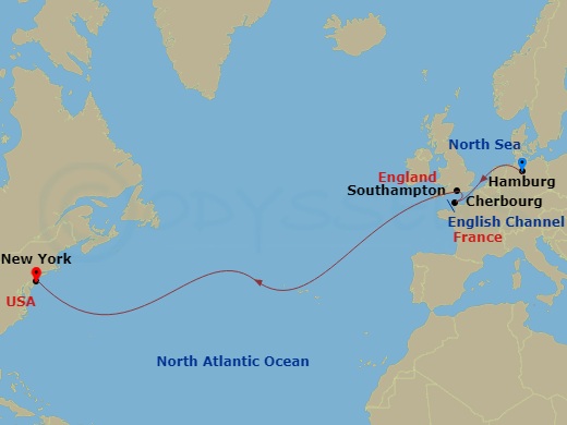 Route map: Hamburg, Germany → Cherbourg, France → Southampton, England, UK → New York, NY, USA