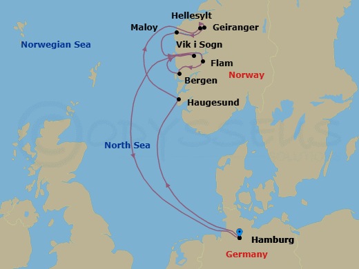 Route map: Hamburg → Haugesund → Hellesylt → Geiranger → Maloy → Flam → Bergen → Vik-Sogn (Sognefjord) → Hamburg