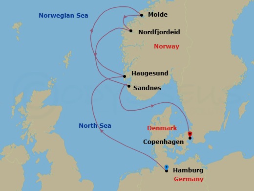 Route map: Hamburg → Haugesund → Molde → Nordfjordeid → Sandnes → Copenhagen