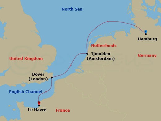 Route map: Hamburg (Germany) → Amsterdam Ijmuiden (Netherlands) → Dover (England) → Le Havre (France)