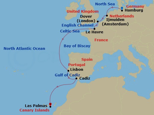 Route map: Hamburg (Germany) → Amsterdam Ijmuiden (Netherlands) → Dover (England) → Le Havre (France) → Lisbon (Portugal) → Cadiz (Spain) → Las Palmas (Canary Islands)