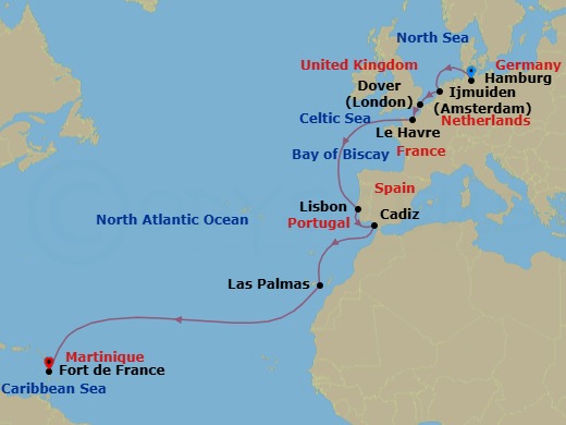Route map: Hamburg (Germany) → Amsterdam Ijmuiden (Netherlands) → Dover (England) → Le Havre (France) → Lisbon (Portugal) → Cadiz (Spain) → Las Palmas (Canary Islands) → Martinique (Antilles)