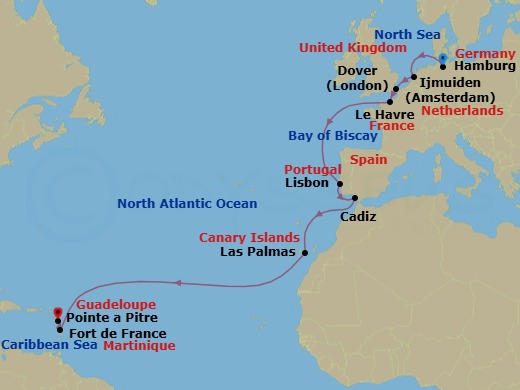 Route map: Hamburg (Germany) → Amsterdam Ijmuiden (Netherlands) → Dover (England) → Le Havre (France) → Lisbon (Portugal) → Cadiz (Spain) → Las Palmas (Canary Islands) → Martinique (Antilles) → Guadeloupe (Antilles)