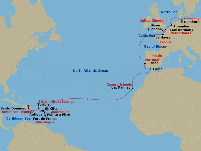 Route map: Hamburg (Germany) → Amsterdam Ijmuiden (Netherlands) → Dover (England) → Le Havre (France) → Lisbon (Portugal) → Cadiz (Spain) → Las Palmas (Canary Islands) → Martinique (Antilles) → Guadeloupe (Antilles) → St. Kitts (Antilles)