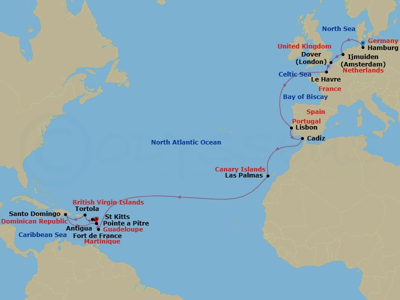 Route map: Hamburg (Germany) → Amsterdam Ijmuiden (Netherlands) → Dover (England) → Le Havre (France) → Lisbon (Portugal) → Cadiz (Spain) → Las Palmas (Canary Islands) → Martinique (Antilles) → Guadeloupe (Antilles) → St. Kitts (Antilles)