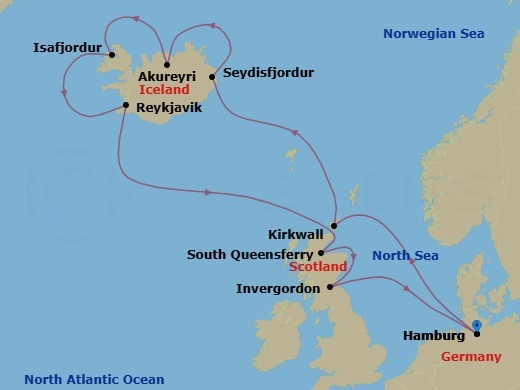Route map: Hamburg Germany → Kirkwall (Orkney Is) United Kingdom → Seydisfjordur Iceland → Akureyri Iceland → Isafjordur Iceland → Reykjavik Iceland → Invergordon United Kingdom → South Queensferry (Edinburgh) United Kingdom → Hamburg Germany