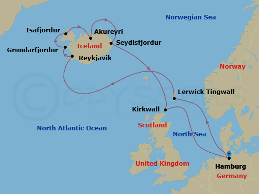 Route map: Hamburg → Lerwick (Shetland) → Reykjavik → GRUNDAFJORD (ICELAND) → Isafjordur → Akureyri → Seydisfjordur → Kirkwall (Orkney) → Hamburg