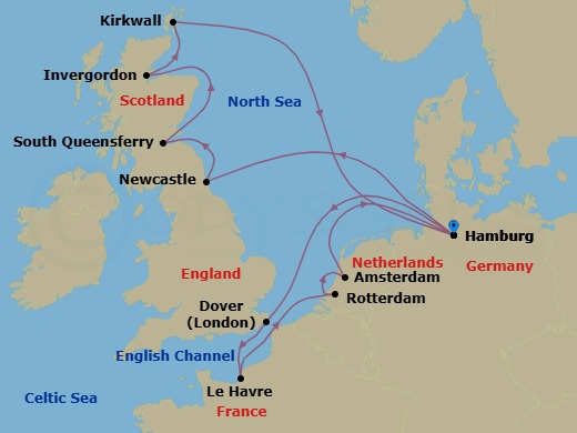 Route map: Hamburg → Newcastle upon Tyne → South Queensferry, UK → Invergordon (Inverness) → Kirkwall (Orkney) → Hamburg → Dover (London) → Le Havre → Rotterdam → Amsterdam