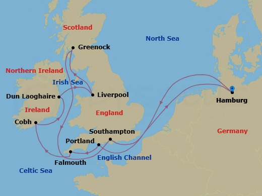 Route map: Hamburg → Portland (Dorset) → Falmouth (Cornwall) → Cobh (Cork) → Dun Laoghaire (Dublin) → Liverpool → Greenock (Glasgow) → Southampton (London) → Hamburg