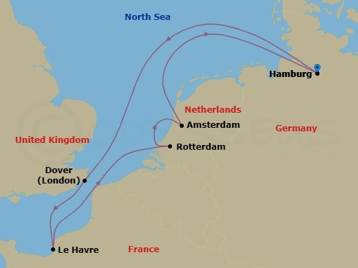 Route map: Hamburg → Dover (London) → Le Havre → Rotterdam → Amsterdam → Hamburg