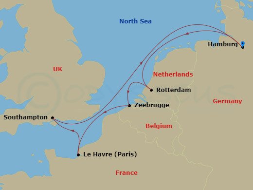 Route map: Hamburg Germany → Rotterdam (Amsterdam) Netherlands → Zeebrugge (Bruges) Belgium → Le Havre (Paris) France → Southampton (London) United Kingdom → Hamburg Germany