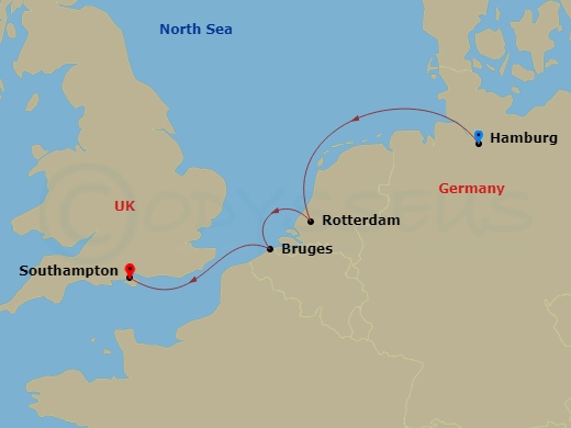 Route map: Hamburg, Germany → Rotterdam, Netherlands → Zeebrugge (tours to Bruges), Belgium → Southampton, England, UK