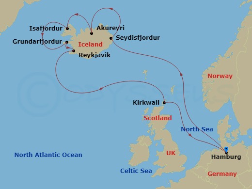 Route map: Hamburg → Seydisfjordur → Akureyri → Isafjordur → GRUNDAFJORD (ICELAND) → Reykjavik → Kirkwall (Orkney) → Hamburg