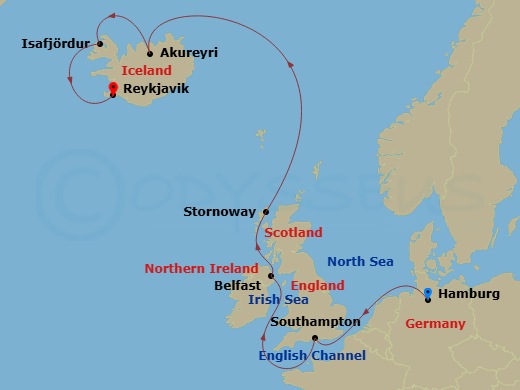 Route map: Hamburg → Southampton → Belfast → Stornoway (Isle Of Lewis) → Akureyri → Isafjordur → Reykjavik