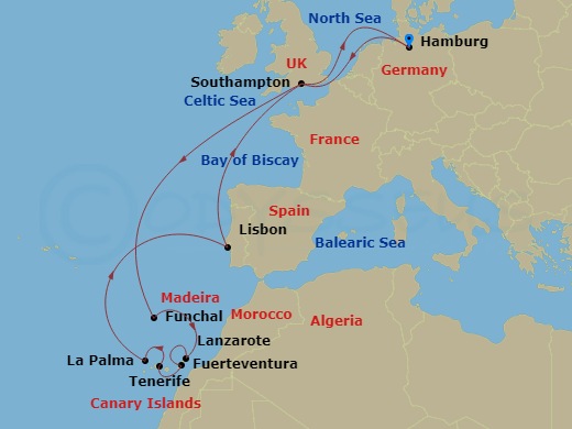 Route map: Hamburg, Germany → Southampton, England, UK → Funchal, Madeira, Portugal → Lanzarote, Spain → Fuerteventura, Spain → Tenerife, Spain → La Palma, Spain → Lisbon, Portugal → Southampton, England, UK → Hamburg, Germany