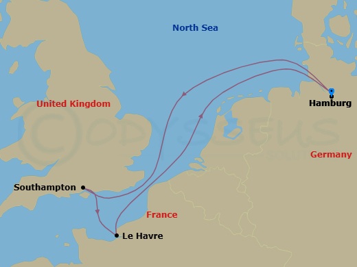 Route map: Hamburg Germany → Southampton (London) United Kingdom → Le Havre (Paris) France → Hamburg Germany