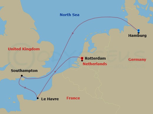 Route map: Hamburg Germany → Southampton (London) United Kingdom → Le Havre (Paris) France → Rotterdam (Amsterdam) Netherlands