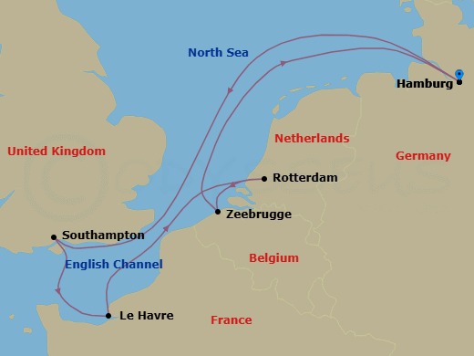 Route map: Hamburg Germany → Southampton (London) United Kingdom → Le Havre (Paris) France → Rotterdam (Amsterdam) Netherlands → Zeebrugge (Bruges) Belgium → Hamburg Germany
